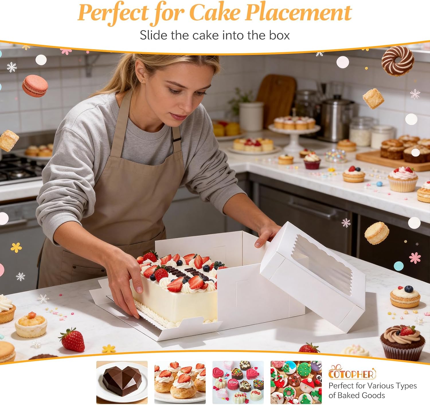 COTOPHER 14x10x6 In Sheet Cake Boxes, 16 Pcs White Bakery Boxes with Large Window (8 Boxes & 8 Boards), Cake Containers for Quarter Cakes, Donuts, Cupcakes, Brownie, Pastry & Pies Packaging