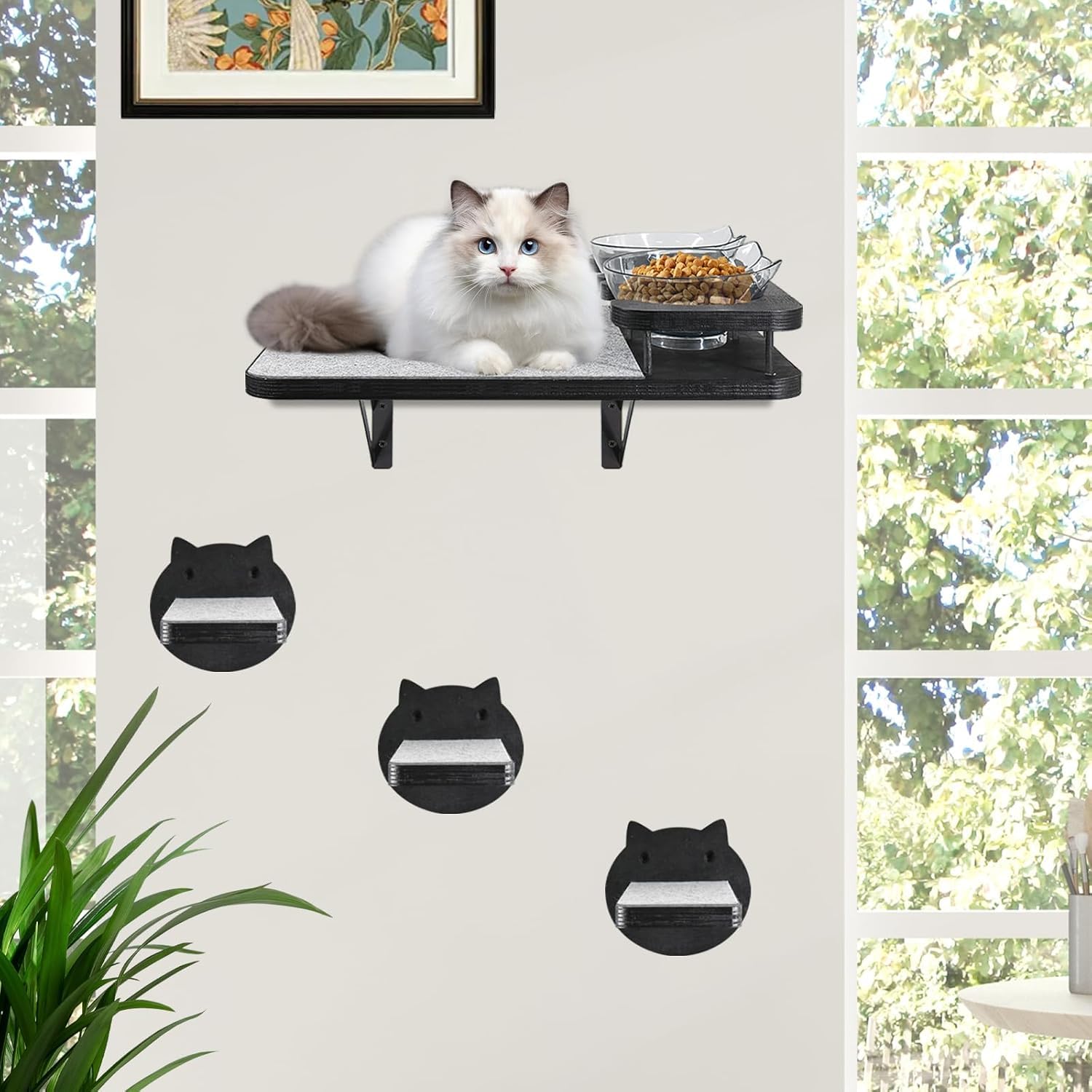 Katzen-Wandregale, Möbel-Set mit 2 Futternäpfen, Kletterwandsysteme aus Holz mit Kratzunterlage und 3 Stufen, schwebende Regale, Bettsitzstangen, Wandmontage für den Innenbereich, passend bis zu 6,8