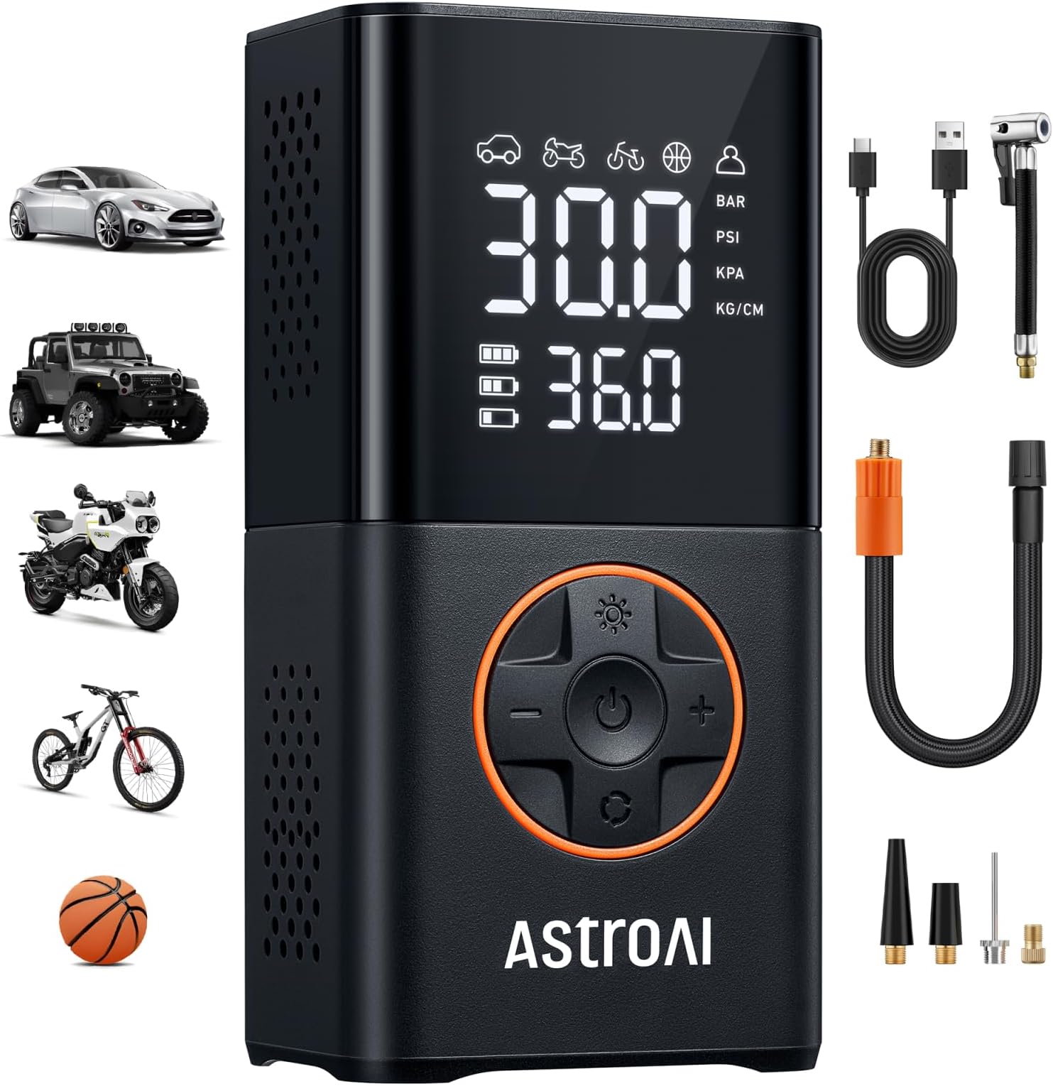 AstroAI Wireless Electric Air Pump, Portable Battery Bicycle Pump with All Valves, LED Light, Rechargeable Tyre Pump for Bicycle, E-Bike, Car, Motorcycle, Balls, Black
