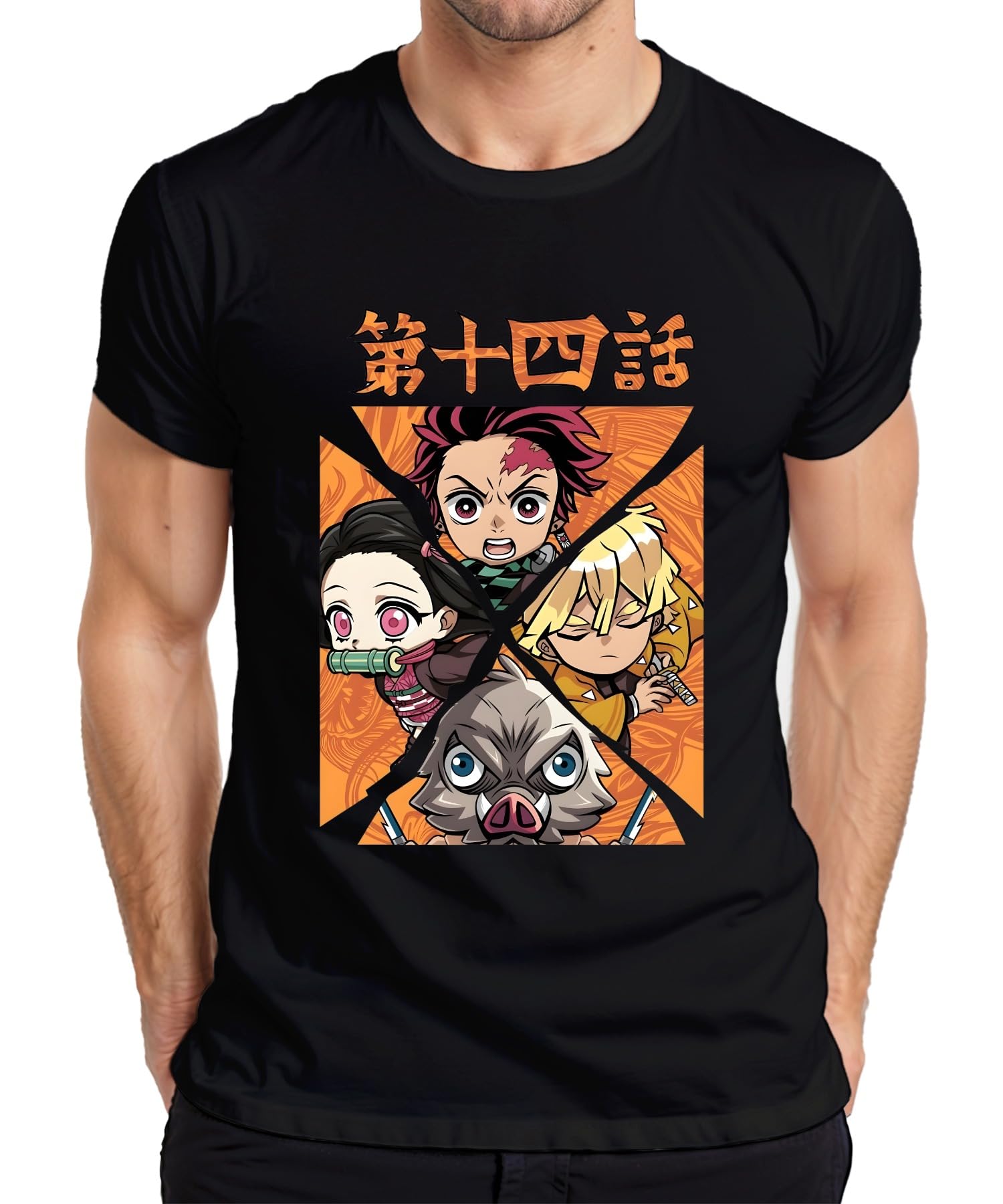 Printera Men's Black Kimetsu No Yaiba Tanjiro Nezuko Zenitsu Inosuke Chibi Gift T-Shirt, Xl