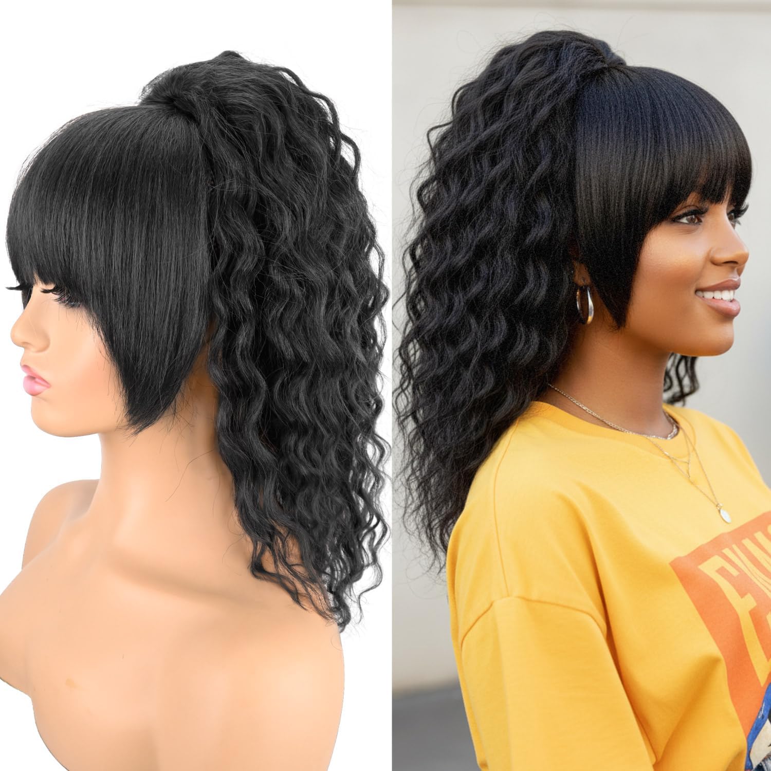 Ponytail Extension with Bangs,Yaki Curly Drawstring Ponytail Extension for Women 20 Inch Long Black Wavy Layered Pony Tails Hair Extensions Synthetic Clip in Ponytail Hairpiece for Women