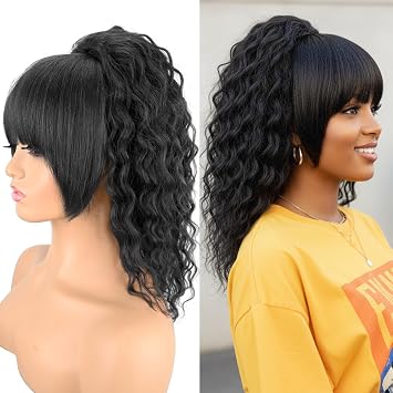 Ponytail Extension with Bangs,Yaki Curly Drawstring Ponytail Extension for Women 20 Inch Long Black Wavy Layered Pony Tails Hair Extensions Synthetic Clip in Ponytail Hairpiece for Women
