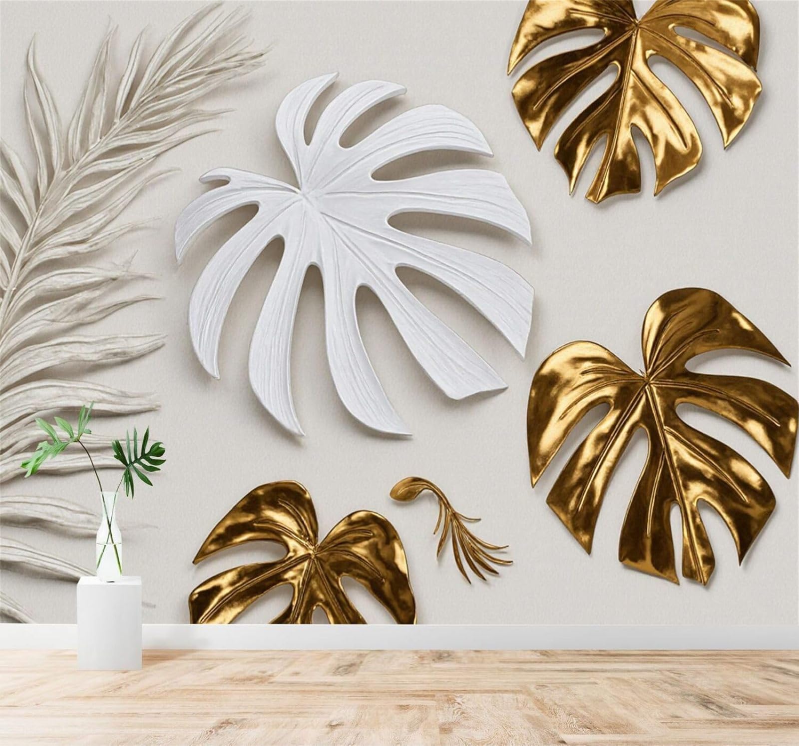 XLMING Gold White Tropical Monstera Palm Leaves 3D Wallpaper Silky Texture Home Study Office Grey Dining Room Sofa Bedroom Living Room TV Backdrop-300cm×210cm