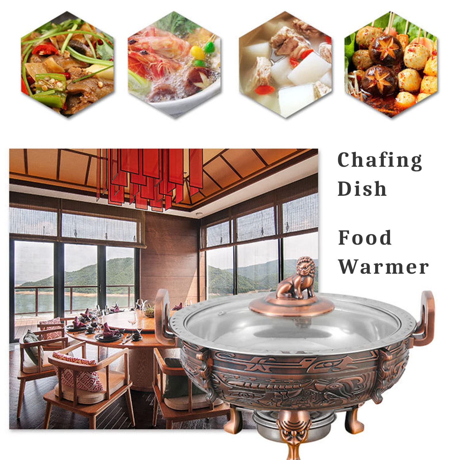 Scaldavivande e scaldavivande – Confezione da 2/4 Chafer rotondi per catering e buffet per cucina, feste, sala da pranzo buffet, finitura bronzo rosso, include padella e supporti per uel