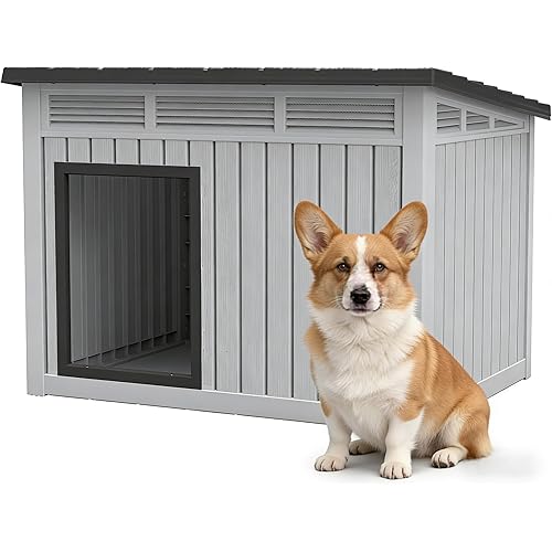 Bifanuo Outdoor Dog House Outdoor for Medium and Small Dog - Weatherproof Removable Roof, Easy to Assemble, Easy to Clean, Ideal for Medium Dogs (Standard Grey, 32.1" L × 25.1" W × 24" H)