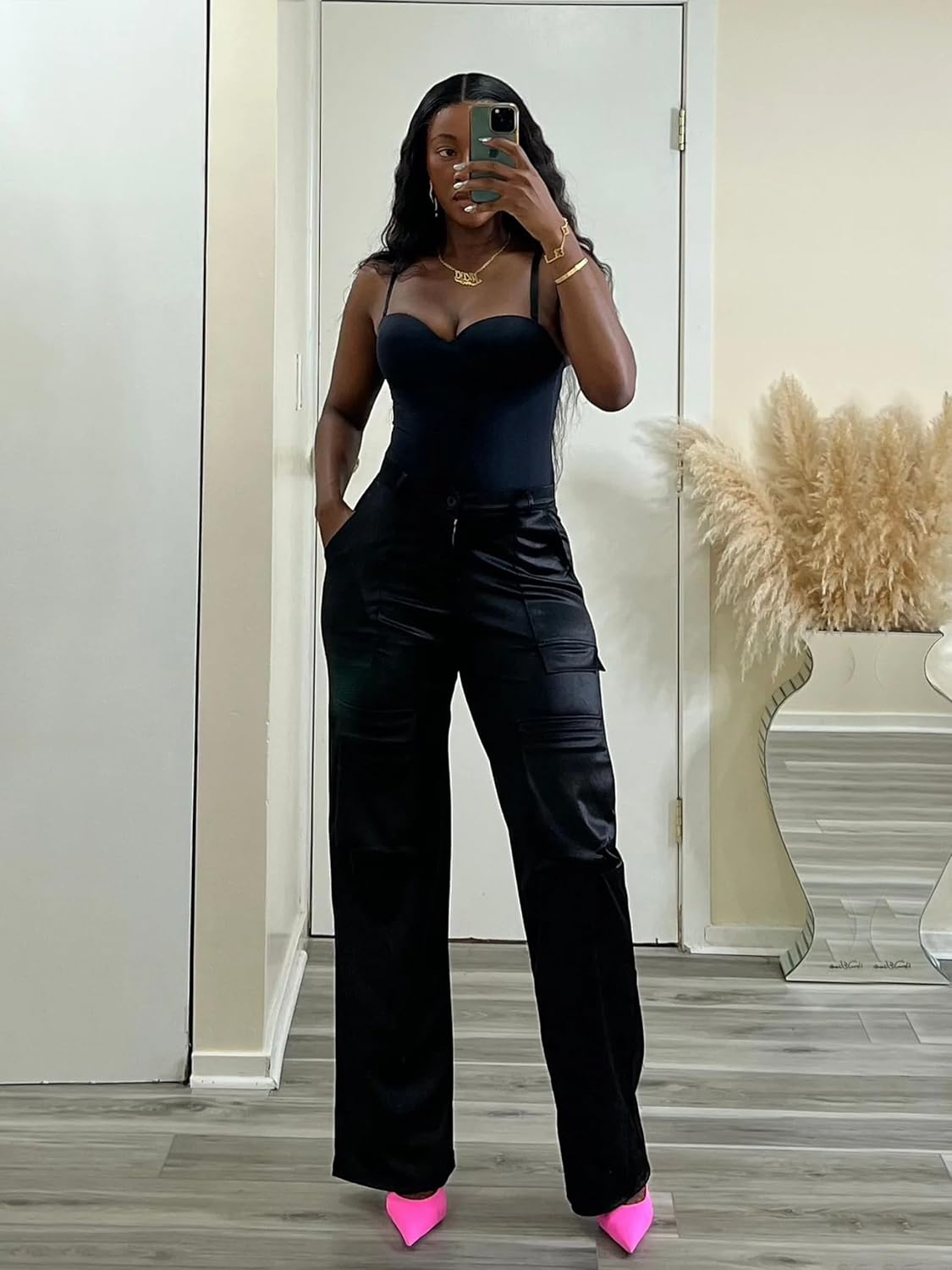 Tapata Womens Satin Cargo Pants 28.5/31 Inseam High Waisted Wide Leg Casual Straight Club Trousers Petite/Regular