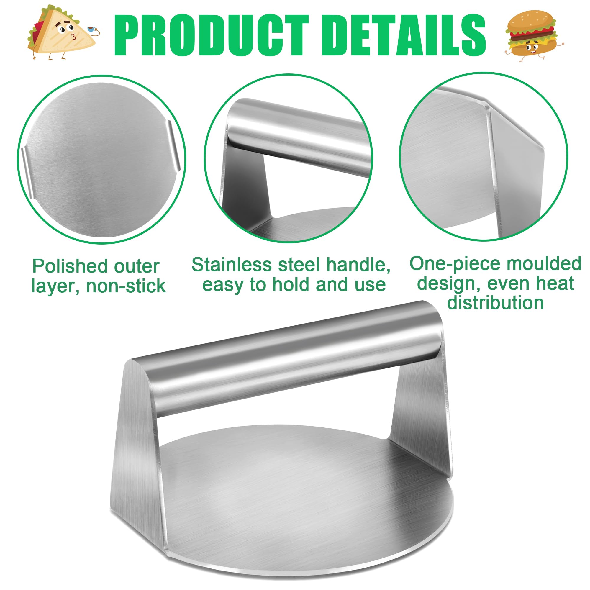 Pressa per Hamburger in Acciaio Inossidabile, Smash Burger Press, 5,5 Pollici Rotonda Professionale Smasher Antiaderente, per Piastra Piatta Griglia, Bistecche, Panini, Barbecue