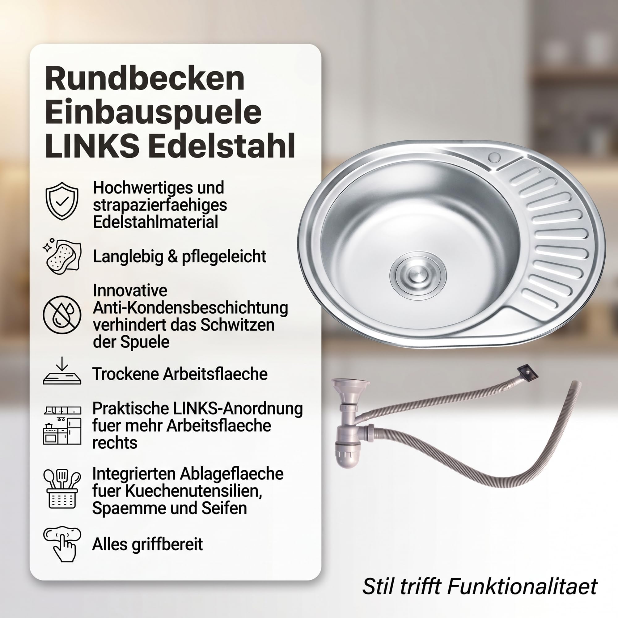 Mucola Einbauspüle Edelstahl Küchenspüle mit Abtropffläche 57x45x17 cm Grau