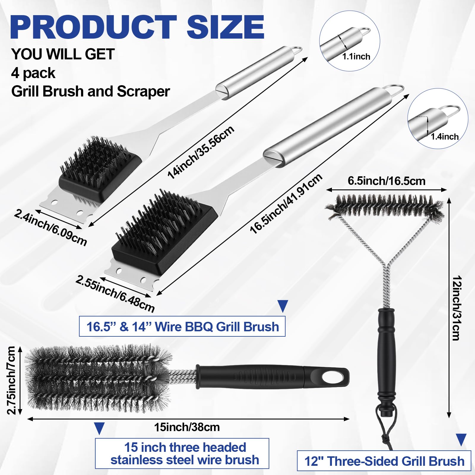 4 Stück 304 Edelstahl BBQ Grillbürste, 16,5 & 14 Drähte BBQ Bürste & Schaber, 15 Dreiköpfe und 12 Dreiseitige Bürsten für Outdoor-Grillzubehör, Ideales Geschenk für Männer/Papa