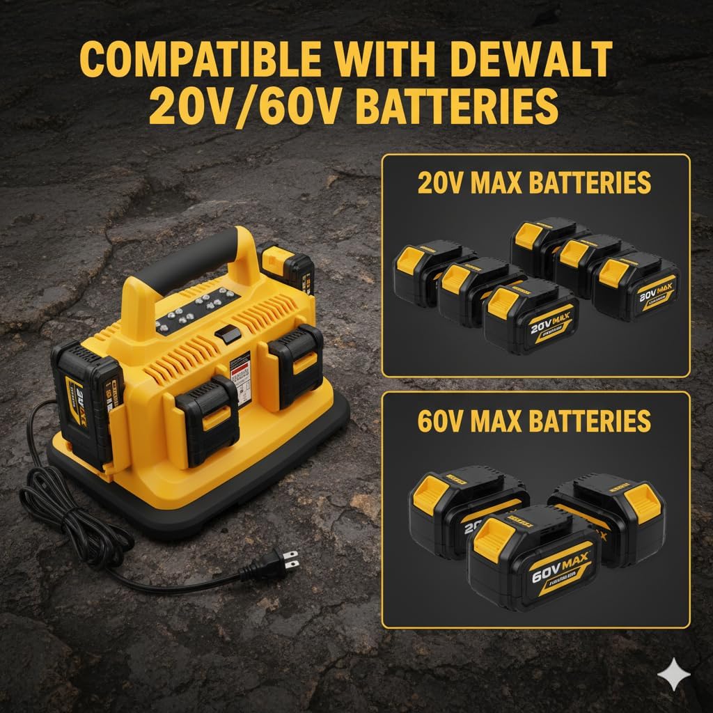 6-Slot Battery Charger Compatible with DEWALT 20V MAX & 60V FLEXVOLT – Replaces DCB104, DCB118, DCB115, DCB112, DCB1104 – Charges DCB205, DCB609 and More