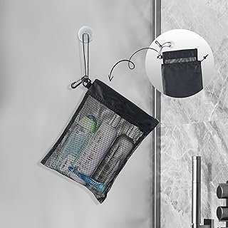 Black Shower Bag Tote Toiletry Bag for Men Women, Includes Mesh Pocket With Suction Cup and Cord for Hanging, Drawstring Pouch, for Travel/Gym Bathroom