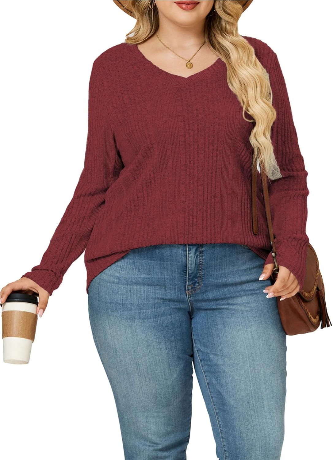 ROSRISS Plus-Size-Long-Sleeve-Tops for women Dressy V Neck Shirts Casual Ribbed Knit Tees Lightweight Tunic Sweaters - Image 2
