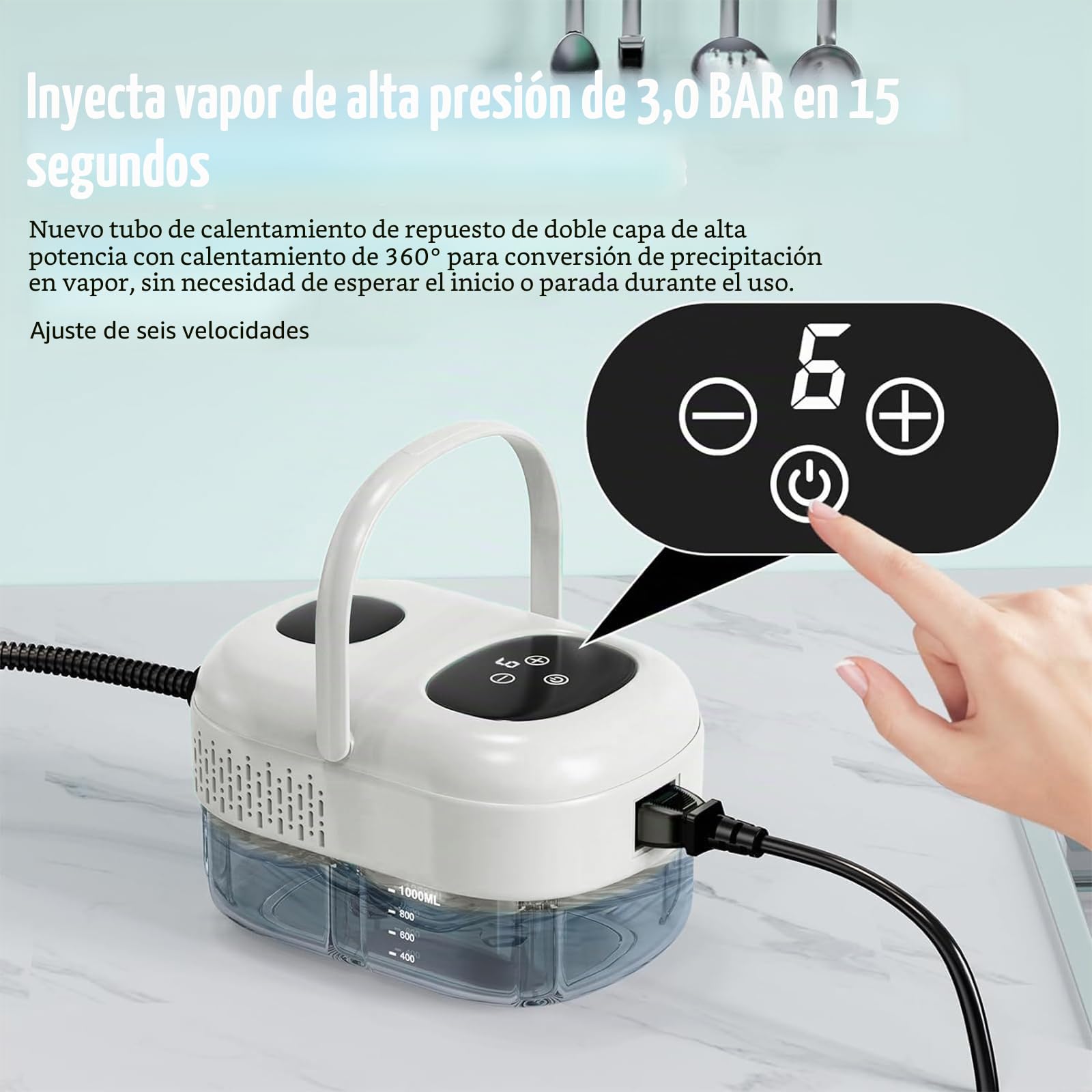 Limpiador de vapor de 2500 W, limpiador de vapor a mano, 1100 ml, tanque de agua de gran capacidad, con 3 cabezales de cepillo ajustables en 6 niveles para muebles de cocina, cuarto de baño