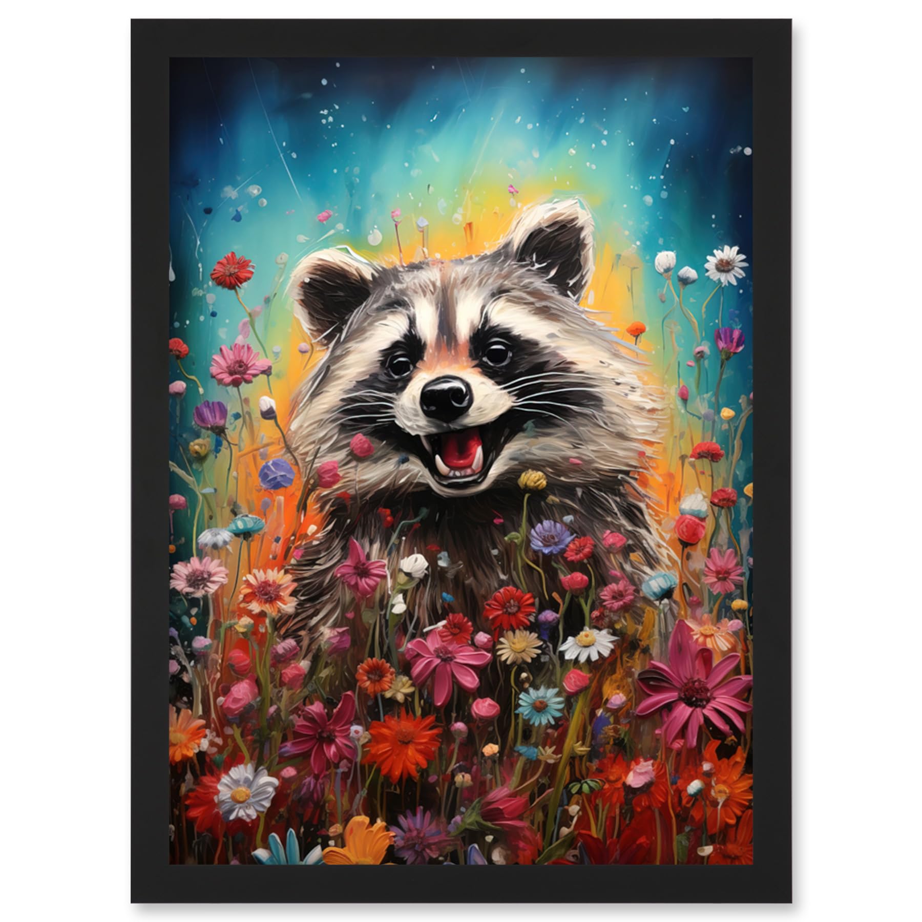 Artery8 Gleeful Racoon Quirky Portrait Spring Makes Everything Better Oil Painting Kids Bedroom Blooming Wildflower Meadow Artwork Framed Wall Art Print A4