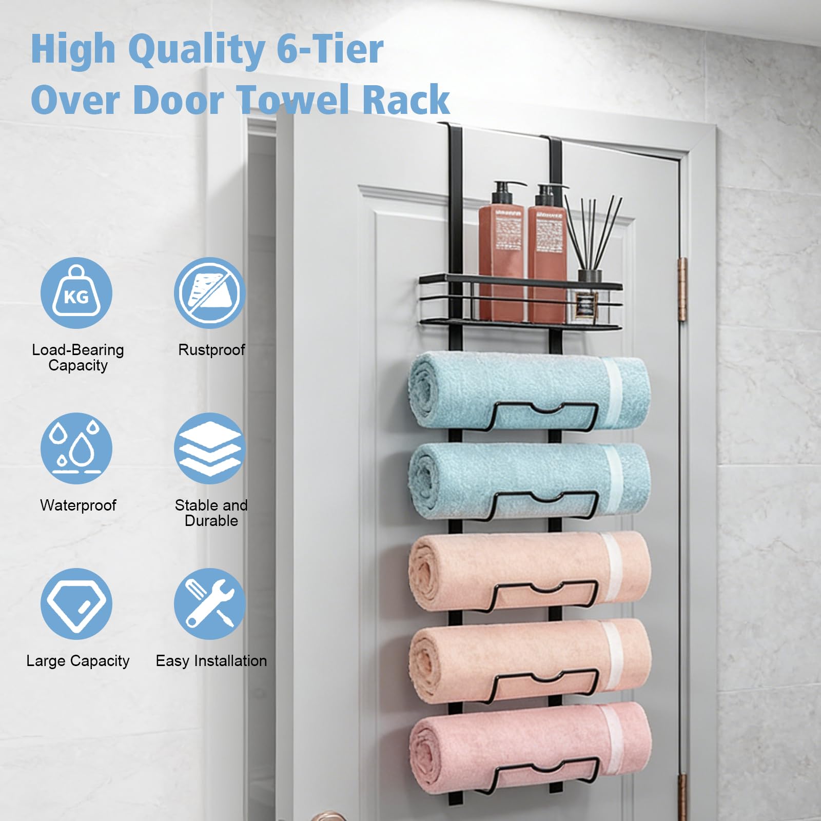 Toallero para colgar sobre la puerta, toallero de baño de 6 niveles con cesta de almacenamiento, organizador de toallas enrollado para el hogar y el hotel