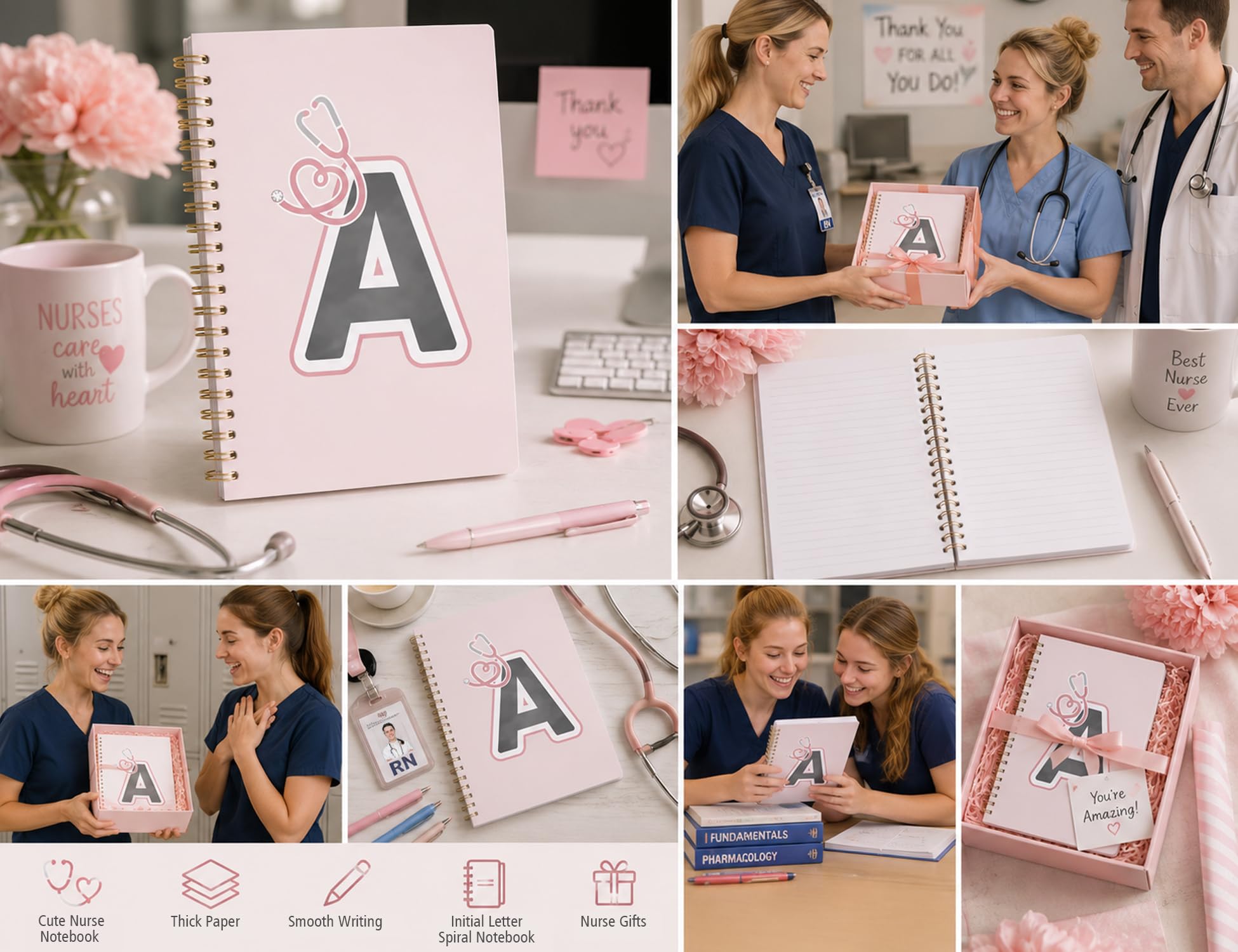 ICEWHITEY Pinkes Krankenschwester-Notizbuch, Krankenschwester-Bürobedarf, personalisiertes Spiralbuch, Tagebuch, 14 x 21 cm (A)