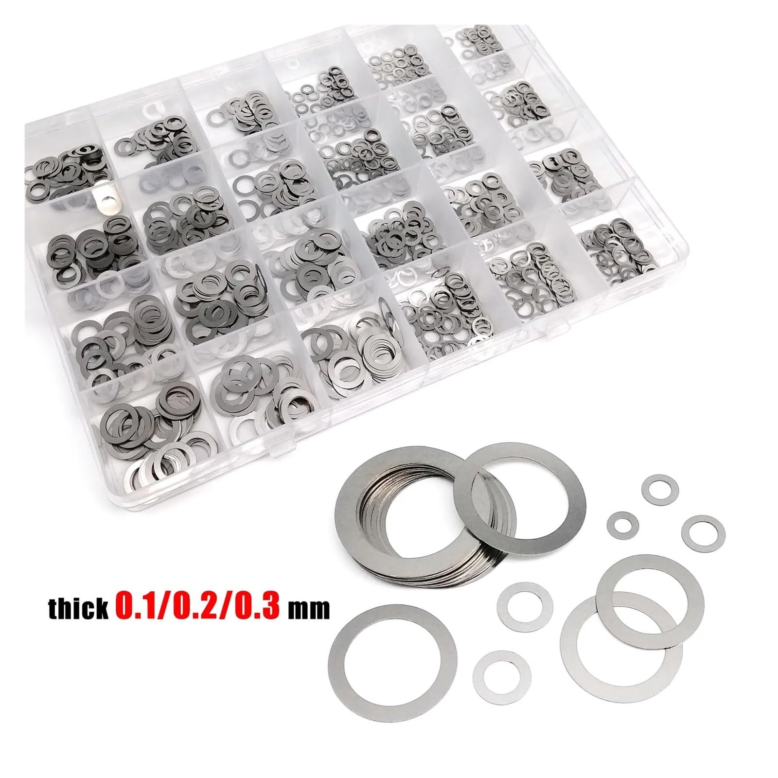 Juego surtido con arandelas 1 Juego de arandela plana ultrafina ajuste M3 a M20, 0,1mm,2mm,30mm, Kit junta cuña, caja acero inoxidable(0.1mm 500pcs)