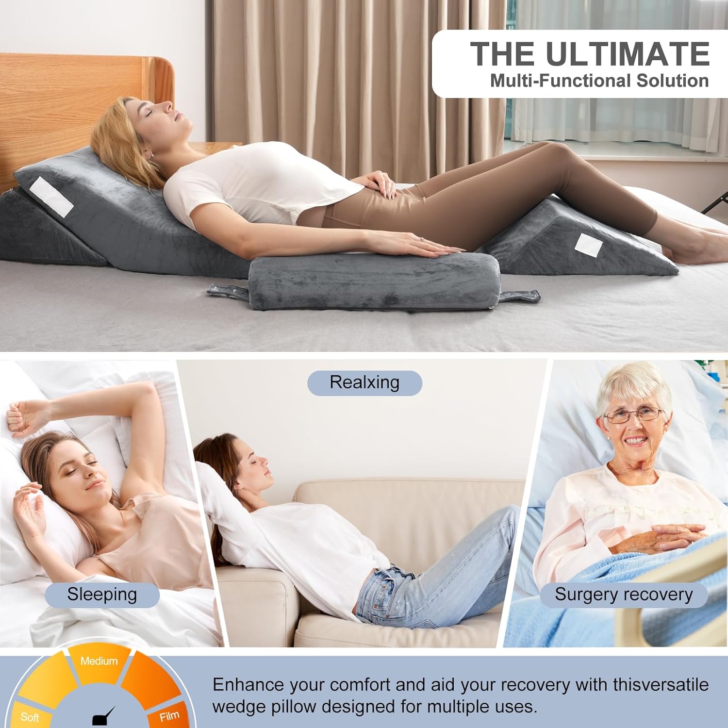 4PCS Orthopedic Bed Wedge Pillow Set, Post Surgery Foam Pillow, Triangle Adjustable Support Pillow for Body Back and Leg Pain Relief, Anti Snoring, Acid Reflux & GERD Sleeping (Grey)