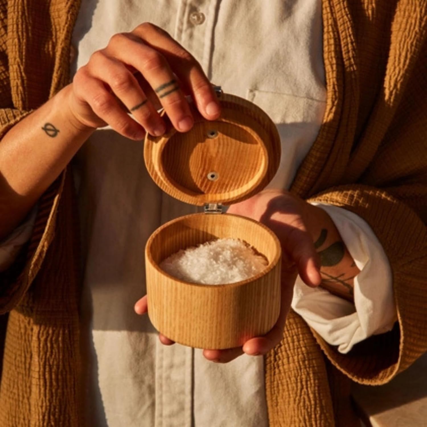 Holcomb Stash Salt Cellar – Handcrafted Ash Wood Salt Box with Lid & Metal Accent Elegant Countertop Luxury Salt Holder for Sea Salt, Spices Modern Kitchen Essentials, Home Decor Hostess Gifts