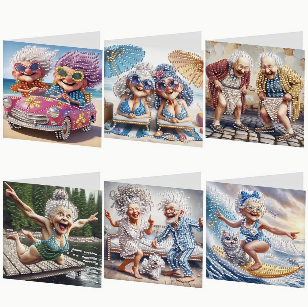 Syntego 6pcs DIY Funny Grandmas/Grandpas Diamond Painting Greeting Card Kit for Adults | 5D Diamond Art Cards for Birthdays, Thank You Notes, Wedding, Engagement, Valentine | Craft Kit with Tools