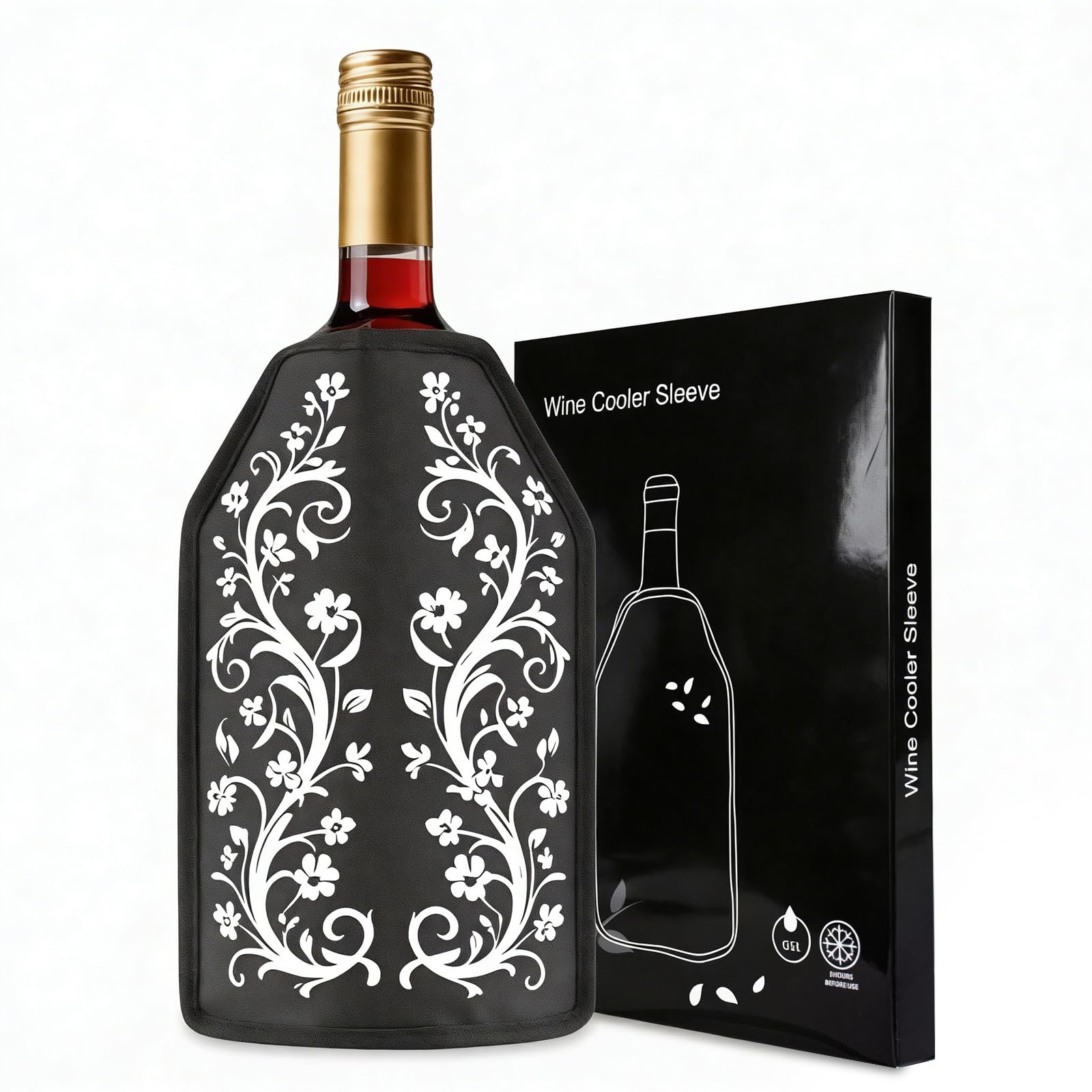 Wine Bottle Cooler, Wine Chiller Bottle Sleeve, Gel Wine Bottle Chill Cooler Ice Pack Sleeve- Freezer Sleeve- Vodka- Tequila Chiller- Cooler- Carrier (Black(White Flora))