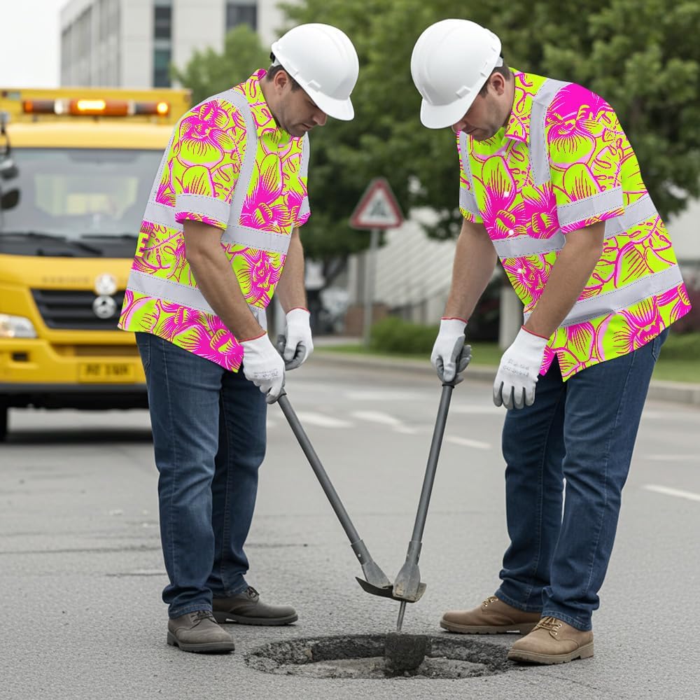 High Visibility Hawaiian Shirt for Men Tropical Shirts Custom Name Floral Reflective Safety Workwear