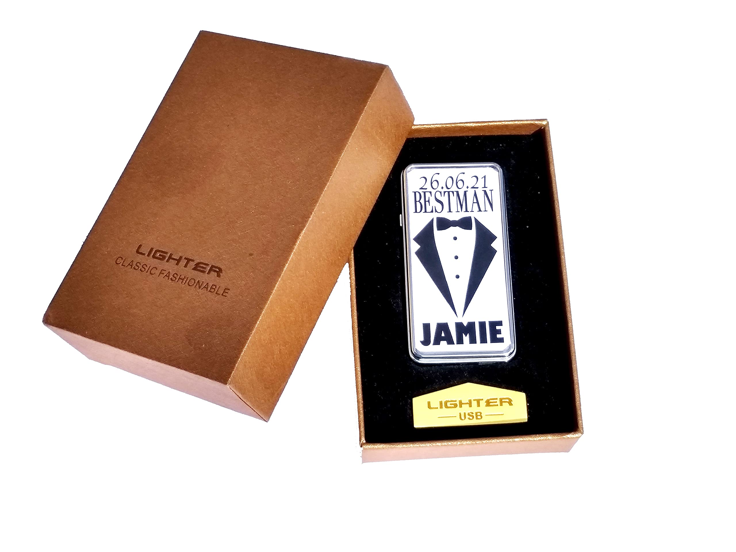 Best Man Personalised Rechargeable Gift Boxed Silver Metal USB Lighter Wedding Favour, 70mm x 38mm x 11mm