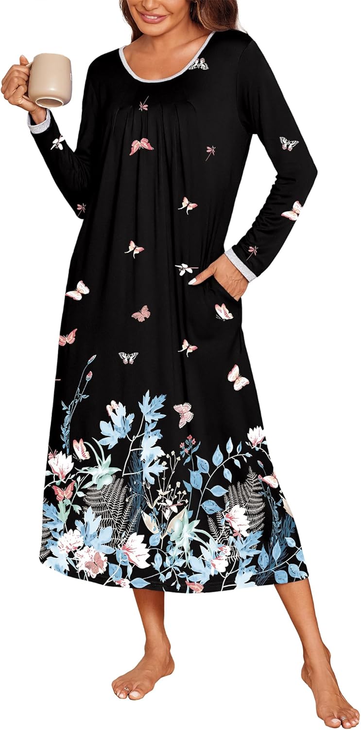 Ekouaer Long Nightgowns for Women Long Sleeve Sleepshirts Loungewear Casual Sleepwear Loose Sleep Dress with Pockets
