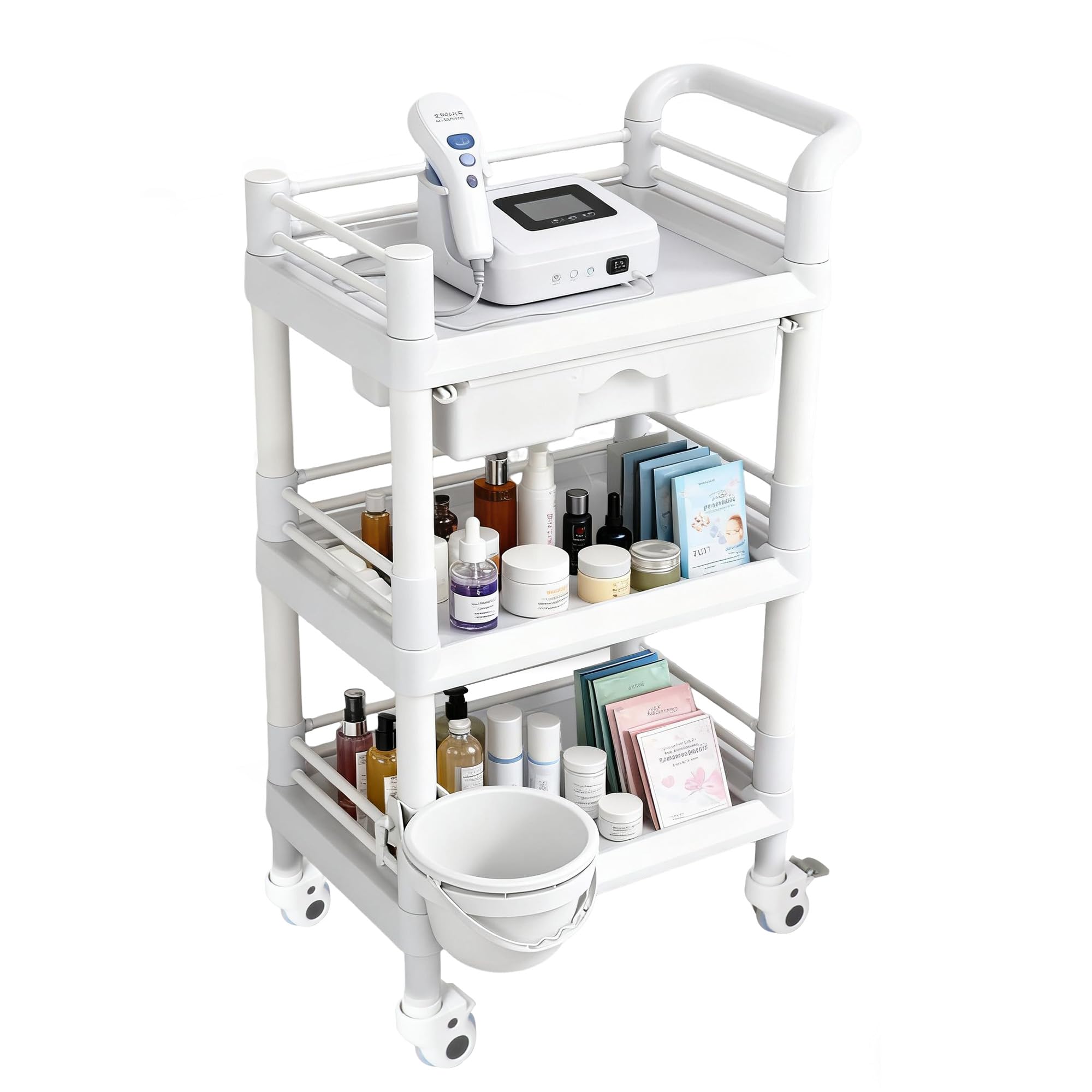 Photo 1 of Inracity Rolling Medical Utility Cart 3 Tier Medical Trolley with Drawer & Dirt Bucket, Beauty Salon Cart with Wheels for Spa Tattoo Waxing, Esthetician Carts for Salon Hospital Dental Clinic