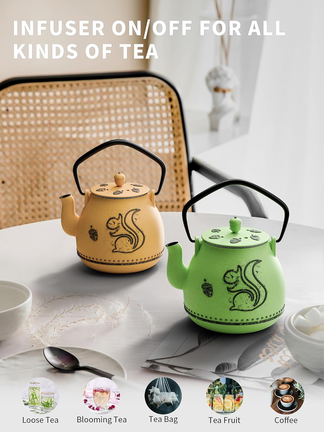 Toptier Teapot with Removable Infuser, Cast Iron Tea Kettle Stovetop Safe, Squirrel Design Tea Pot Coated with Enameled Interior for 32 Ounce (950 ml), Bright Green image 5
