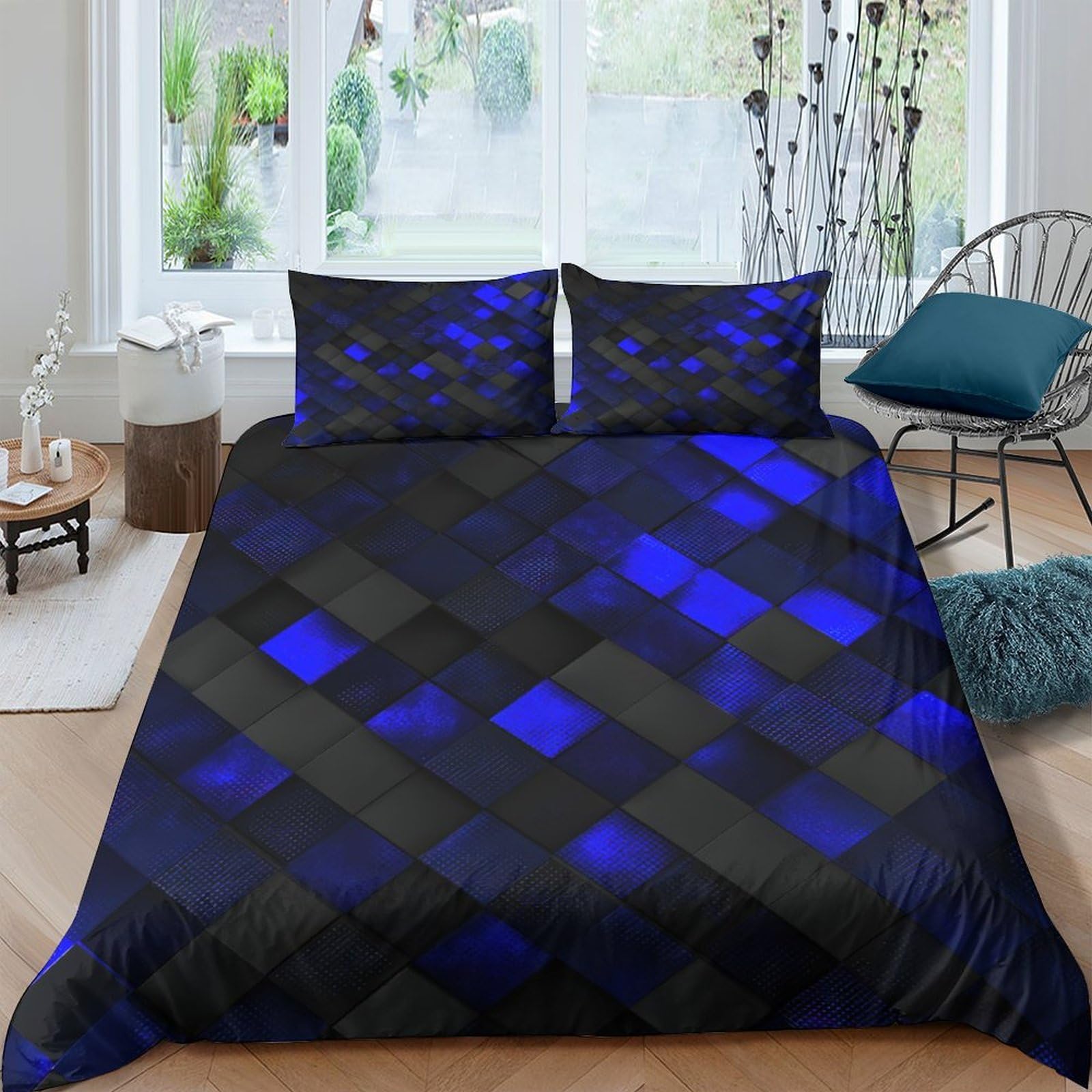 Ctjqhvkz Style-1 3D Printed Blue Geometric Fitted Sheet Microfiber Soft Breathable Black Mosaic Mattress Cover For Bedroom Dorm Decor Single（135X200cm）
