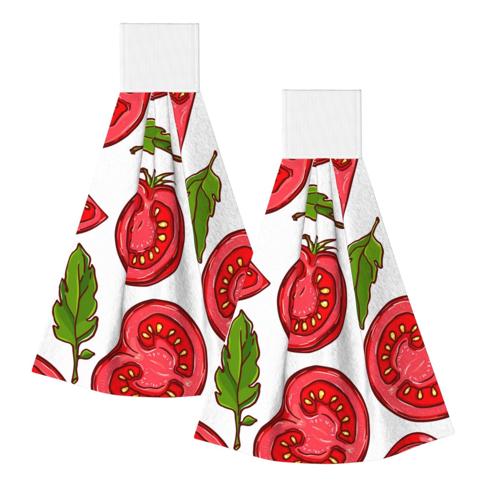 DOPKLNA Cartoon Of Tomato Leaves Pattern, 2 Pcs Hanging Coral Fiber Hand Towels for Bathroom, Absorbent Kitchen Towels
