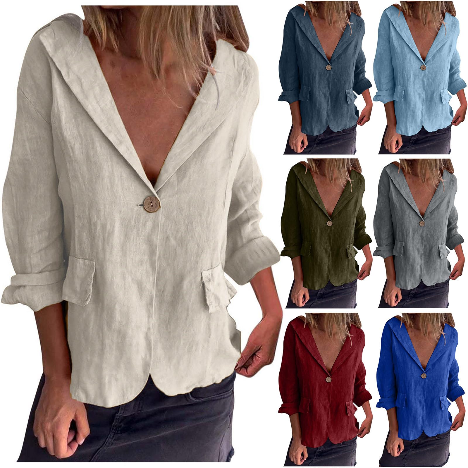 Blazer Damen Elegant Leichte Bürojacke Einreihig Anzug Strickjacke Blazer Revers Vorne Offen Anzug Mantel Business Strickjacke 3/4 Ärmel Leinen Bluse Sommer Leinenbluse Leinenhemd Anzugjacke
