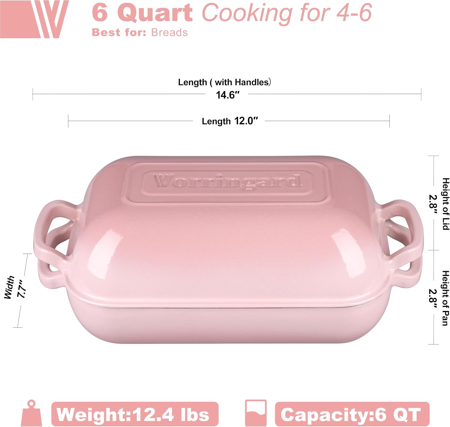 VORRINGARD Large Cast Iron Dutch Oven Dome Pot with Lid, Enameled Bread Oven, Bread Pan for Homemade Sourdough Bread Baking, 6QT, Pink