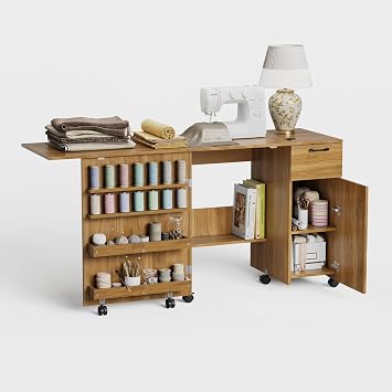 Garvee Folding Sewing Machine Table with Storage Shelves and Sliding Drawer, Rolling Side Desk for Sewing Machine, Craft Station with Lockable Wheels for Home, Bedroom, Small Spaces, Brown | Sturdy wood construction; 6 storage trays for tools; built-in pegboard; space-saving foldable design; quick assembly
