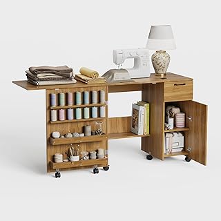 Folding Sewing Machine Table with Storage Shelves and Sliding Drawer, Rolling Side Desk for Sewing Machine, Craft Station with Lockable Wheels for Home, Bedroom, Small Spaces, Brown