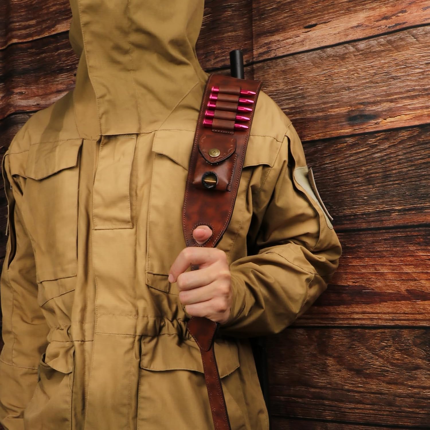 TOURBON Leather Rifle Gun Sling for Hunting, Length Adjustable Ammo Cartridge Holder Strap with Accessories Pouch, Thumb Loop, and Removable Metal Sling Swivels