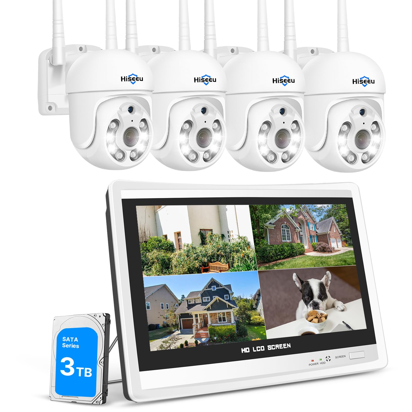 【 5 MP + PTZ】 Set telecamera di sorveglianza Hiseeu per esterni WLAN con monitor 12 pollici 10 CH Wireless NVR, 4 telecamere PTZ da 5 MP con audio a 2 vie, visione notturna a colori, visualizzazione