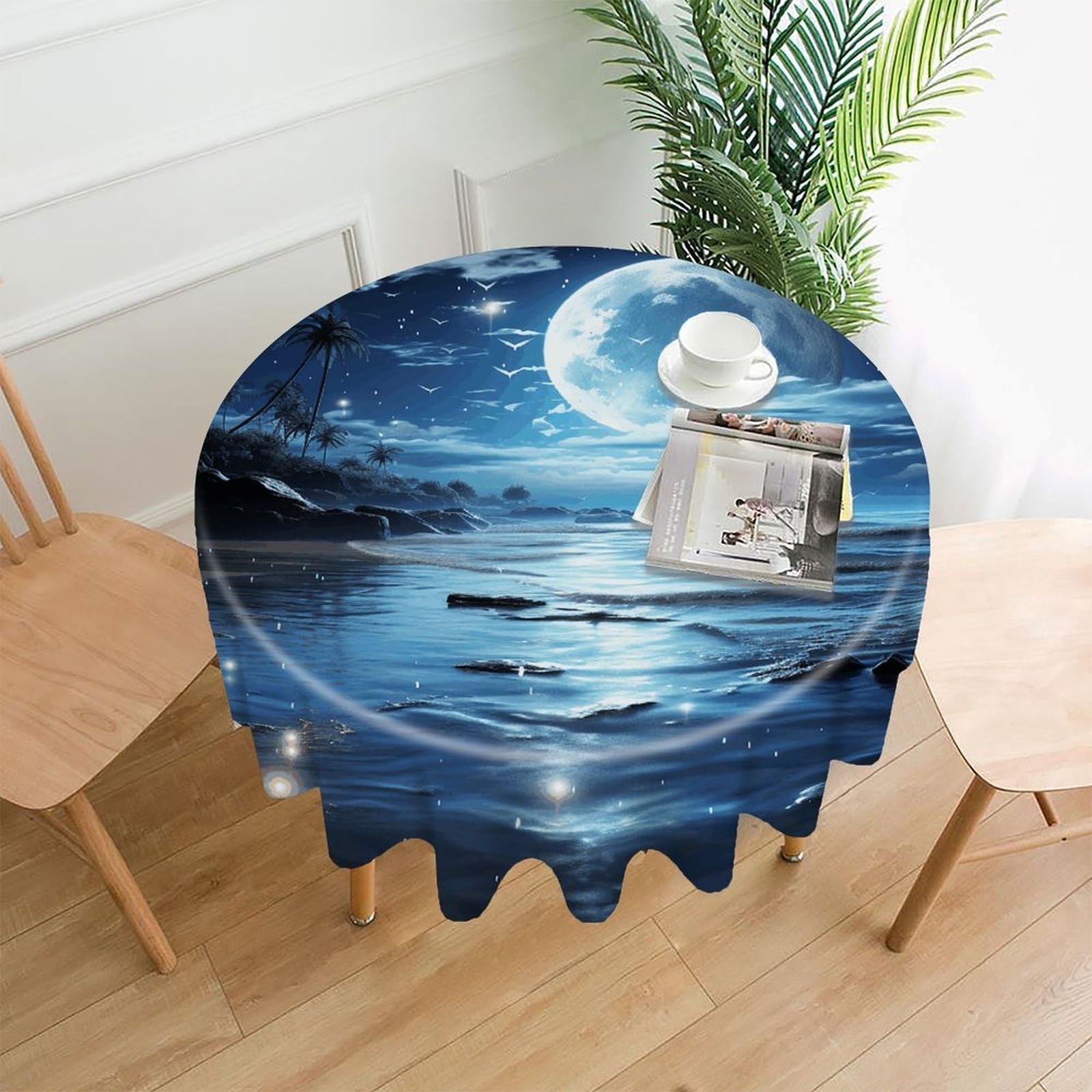 MUSM 60 Inch Moon Over Ocean Round Tablecloth Wipeable Washable Table Cover for Kitchen and Dining Room Decorative Table Cloth for Party Holiday Picnic Outdoor