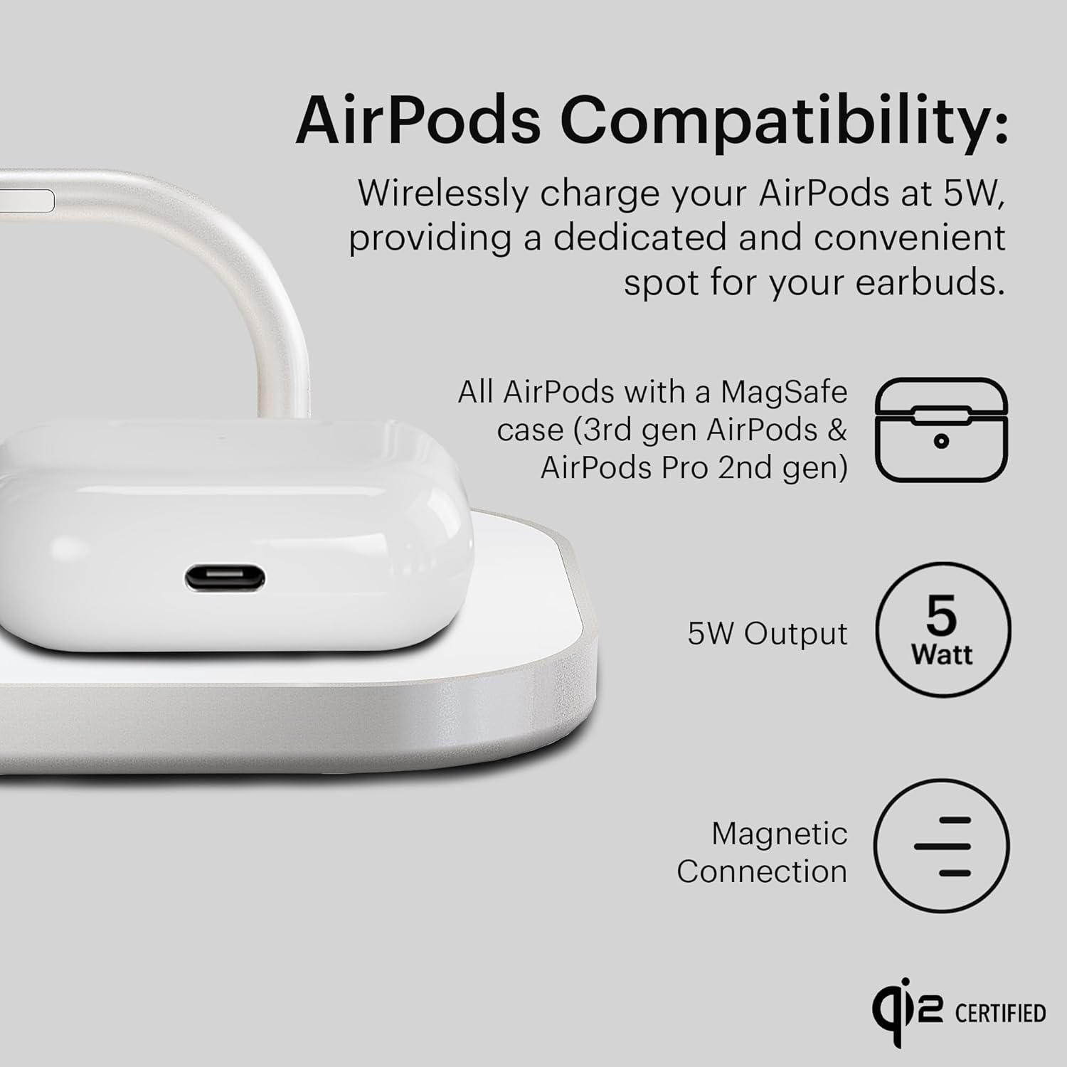 Close-up of AirPods charging on the Zens 4-in-1 Wireless Charger, showing 5W output and compatibility
