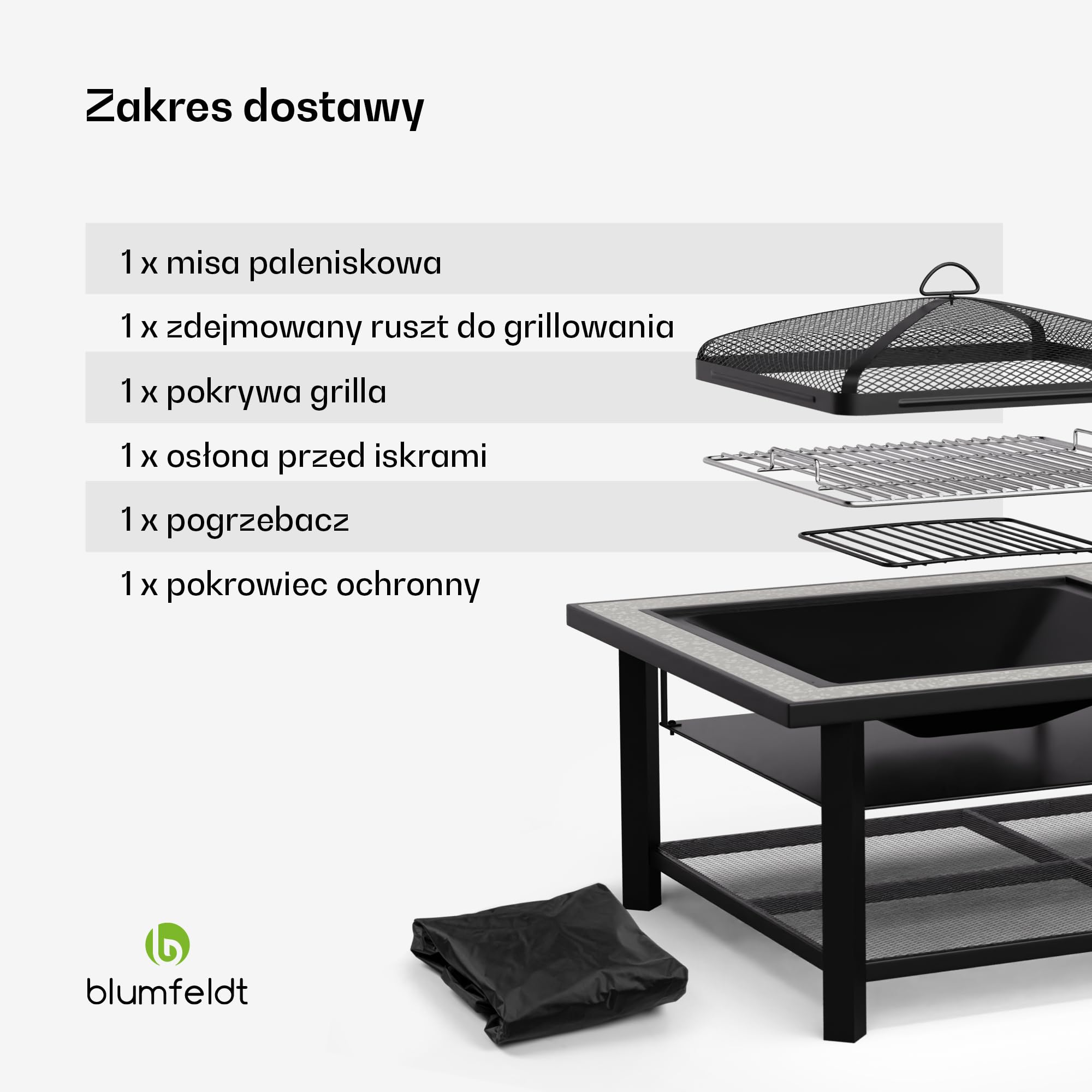 Blumfeldt Merano Avanzato L palenisko 3 w 1 z rusztem do grillowania i stołem, wytrzymała rama stalowa, blat stołu z terrazzo, w zestawie ochrona przed iskrami, pogrzebaczem i pokrywą, do ogrodu i na