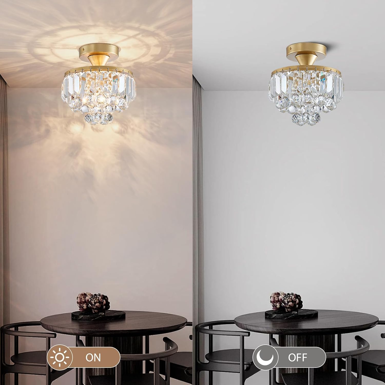 Bestier Modern Gold Crystal Semi-Flushmount Chandelier Lighting LED Ceiling Light Fixture Lamp for Dining Room Bathroom Bedroom Livingroom Diameter 9" Height 10"