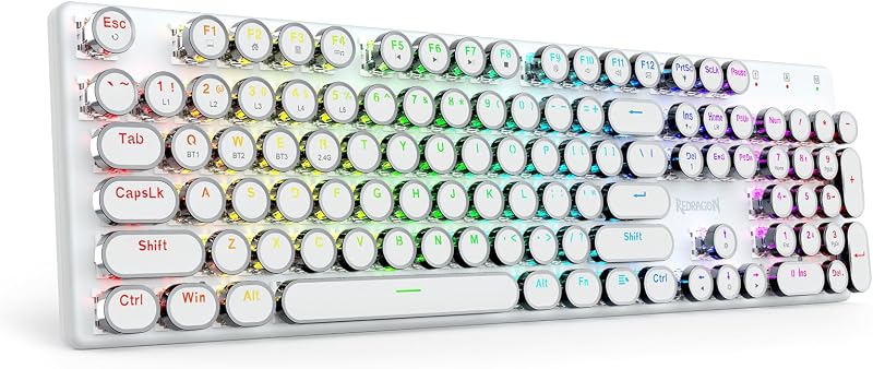 K710 Wireless Typewriter Mechanical Gaming Keyboard, White | Bluetooth/2.4Ghz/Wired, RGB Led Backlit, Blue Switch - Clicky, Rechargeable 4000mAh, Solid Metal Panel, Round Keycaps