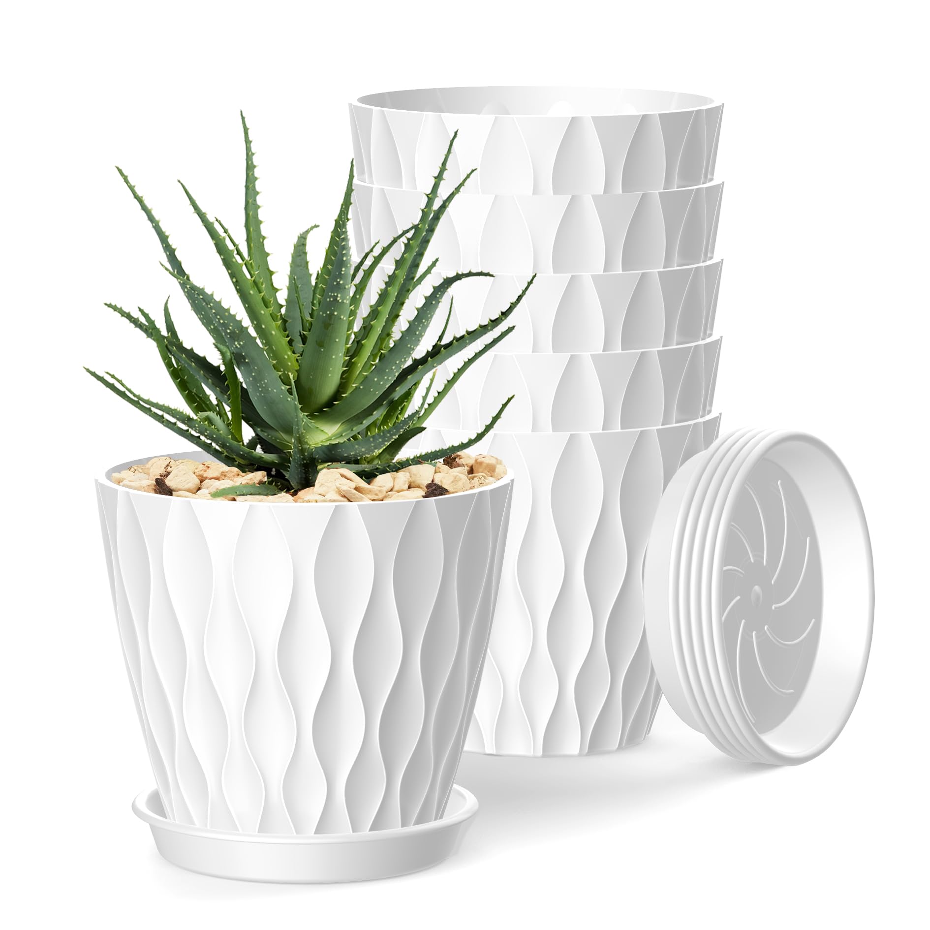 SQOKHT 17.6 cm Plant Pots 6 Pack, Flower Planters with Drainage Holes and Saucers,Plastic Pots for Indoor Outdoor Plants (White)