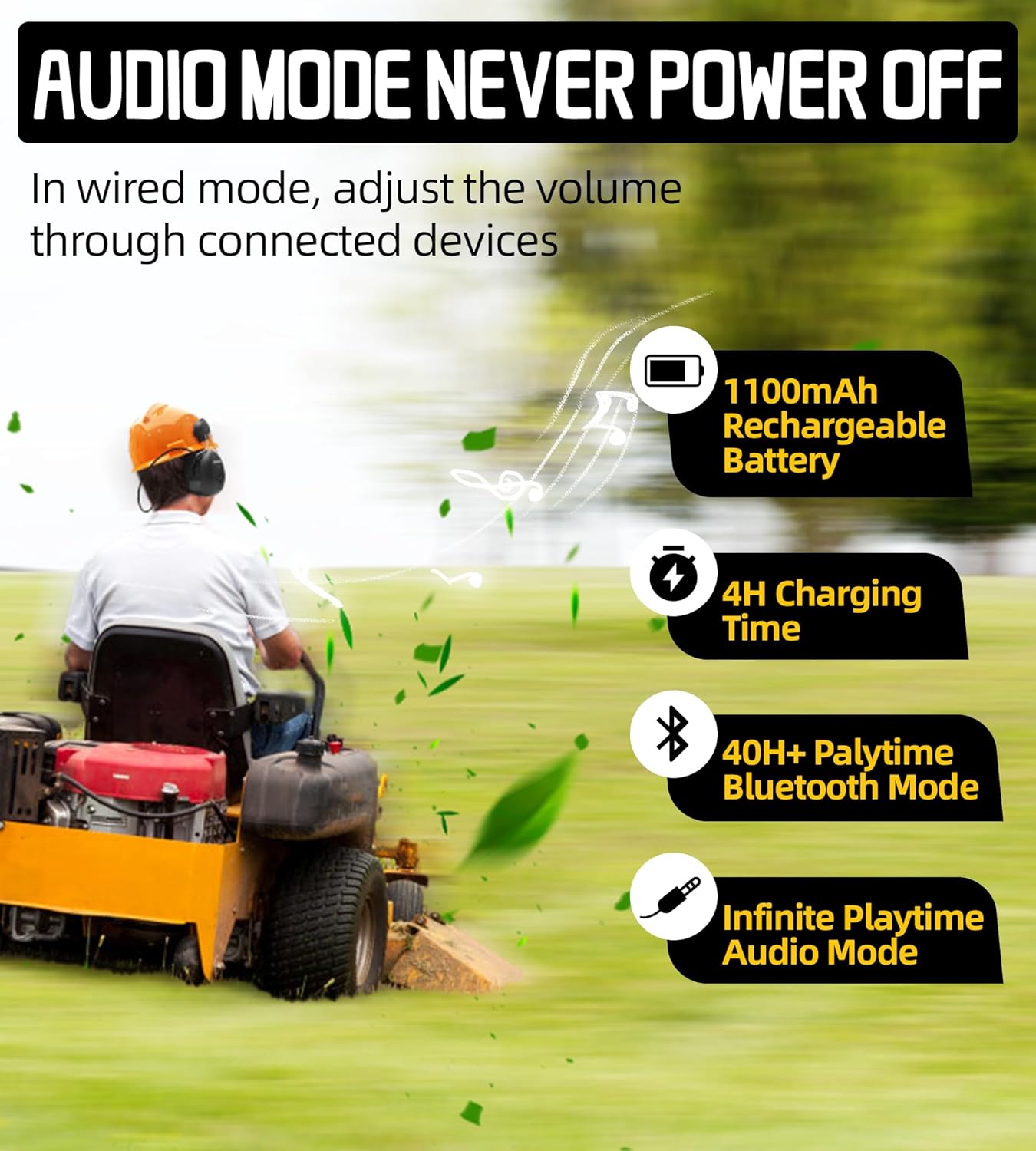 PROHEAR 037BR04 Bluetooth Hearing Protection Headphones - Noise Cancelling for 3M H-700/DEWALT Hard Hats, 40H Playtime (Yellow) - Construction Safety Gear & Lawn Mowing Ear Protection