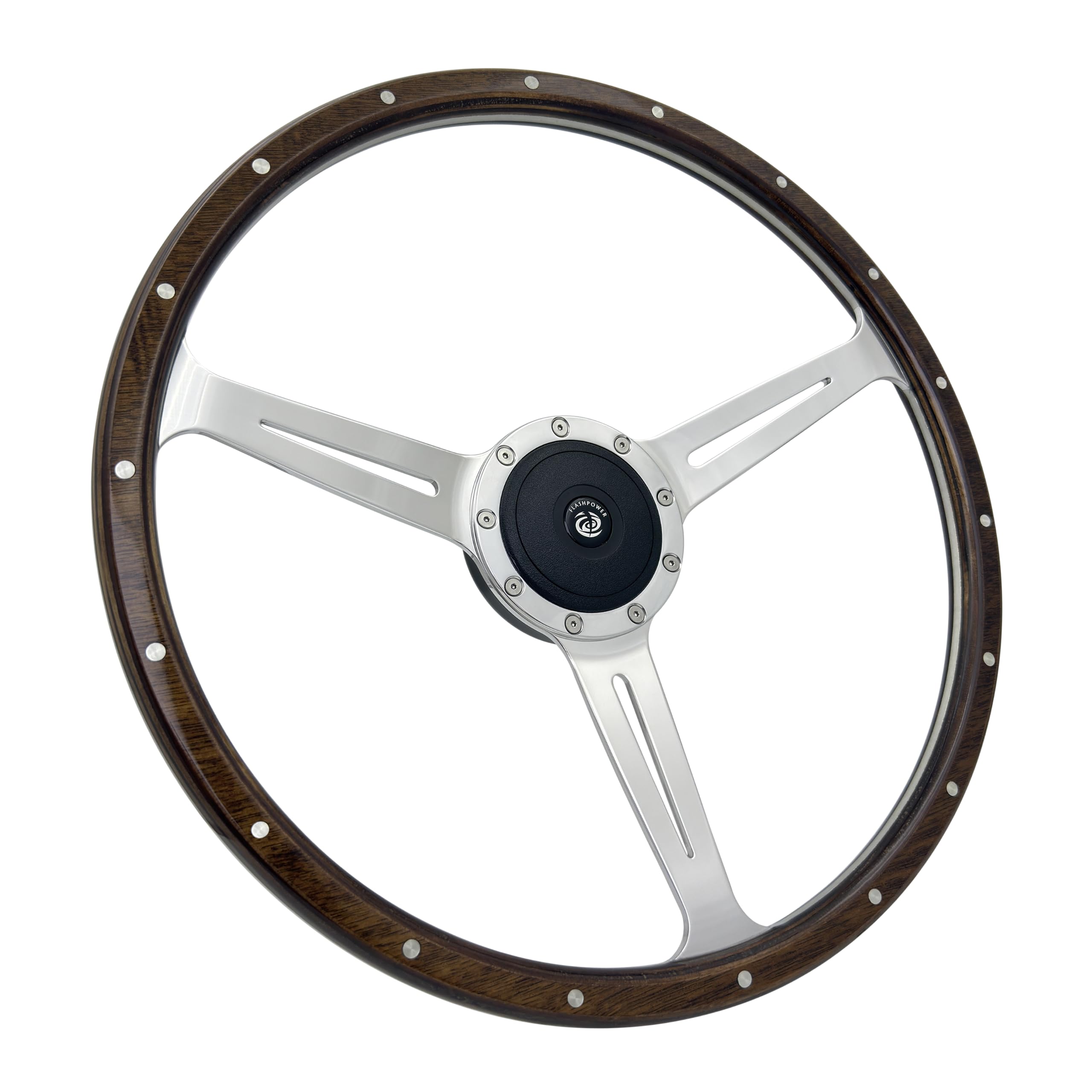 17'' Classic 9 Bolt Riveted Wood Steering Wheel w/Horn Button