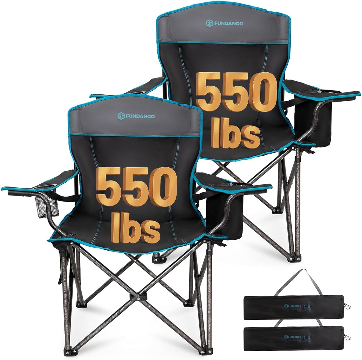 FUNDANGO Oversized Camp Chair, 2 Pack,550lbs Heavy Duty Portable Foldable Lawn Chair with Padded Lumbar Support Seat & Back, 4-can Cooler & Cup Holder, Carry Bag Included for Outdoor (Black/Grey)
