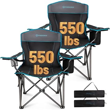 FUNDANGO Oversized Camp Chair, 2 Pack,550lbs Heavy Duty Portable Foldable Lawn Chair with Padded Lumbar Support Seat & Back, 4-can Cooler & Cup Holder, Carry Bag Included for Outdoor Black/Grey