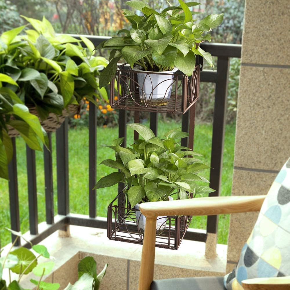 AmnoAmno Balcony Decor Hanging Flower Rack Railing Planter Pots for Outside, Deck Box Outdoor Hanger Stand with Strong Metal Folding Design and Easy Installation