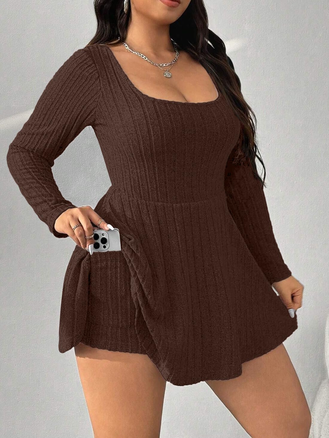 Women's Black Ribbed Knit Off-Shoulder Sweater Dress Have Pockets Casual Sportswear